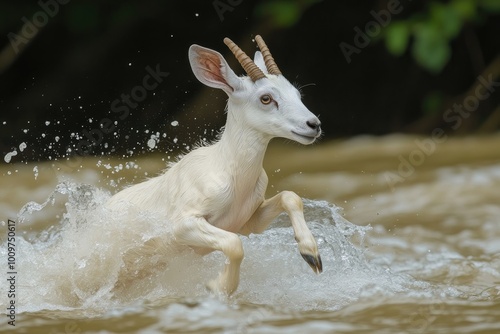 Ciervo de cola blanca saltando sobre un río, con agua salpicando. La imagen destaca la agilidad y elegancia del animal en movimiento, ideal para temas de naturaleza y fauna salvaje de Norteamérica.


 photo