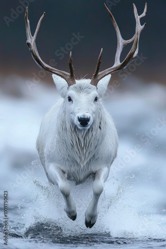 Ciervo de cola blanca saltando sobre un río, con agua salpicando. La imagen destaca la agilidad y elegancia del animal en movimiento, ideal para temas de naturaleza y fauna salvaje de Norteamérica.


 photo