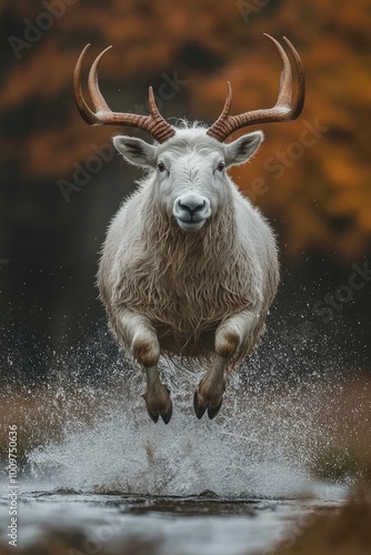 Ciervo de cola blanca saltando sobre un río, con agua salpicando. La imagen destaca la agilidad y elegancia del animal en movimiento, ideal para temas de naturaleza y fauna salvaje de Norteamérica.


 photo