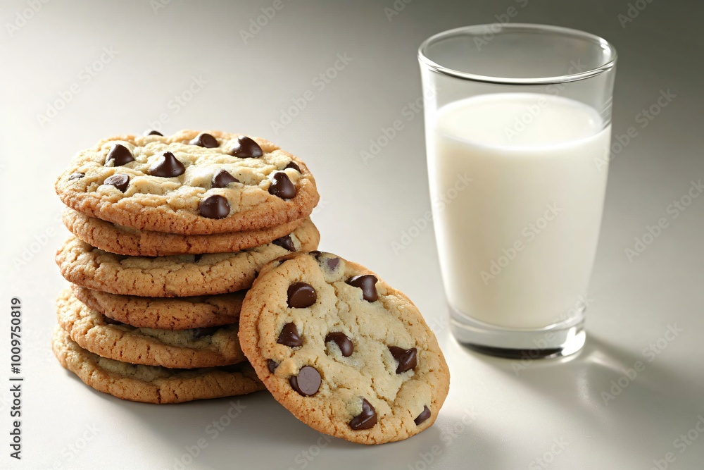 Chocolate chip cookies and a glass of milk on a white table. Chocolate chip cookies and a glass of milk on a white table.