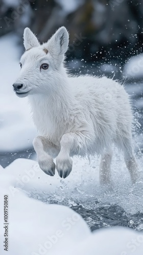 Ciervo de cola blanca saltando sobre un río, con agua salpicando. La imagen destaca la agilidad y elegancia del animal en movimiento, ideal para temas de naturaleza y fauna salvaje de Norteamérica.


 photo