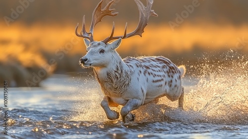 Ciervo de cola blanca saltando sobre un río, con agua salpicando. La imagen destaca la agilidad y elegancia del animal en movimiento, ideal para temas de naturaleza y fauna salvaje de Norteamérica.


 photo