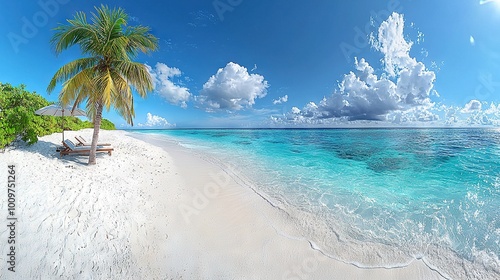  A palm tree on a sandy beach near water with clouds above