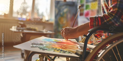 Person in Wheelchair Painting in Art Studio, Inclusive Art Therapy for Disabled People