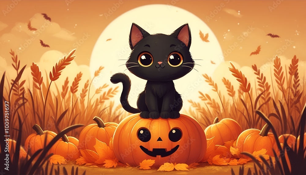 A cartoon cute black cat with big eyes and a friendly smile is sitting on a pumpkin in a field of orange and yellow leaves on a sunny Halloween day. A cartoon cute black cat with big eyes and a friendly smile is sitting on a pumpkin in a field of orange and yellow leaves on a sunny Halloween day.