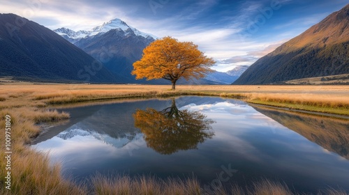 A striking autumn tree with yellow foliage stands by a serene pond, its reflection mirrored on the water, amid lush green grass and rolling hills under a clear blue sky. photo