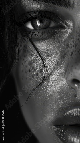 Close-up black and white portrait of a woman revealing intricate facial features and expression