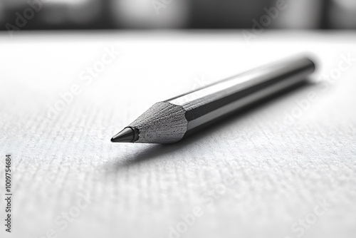 A sharpened graphite pencil lies on a white textured paper surface.