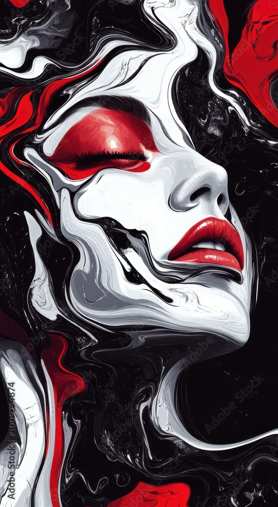 illustration of marble, ink, and red liquid art piece depicting a woman's face illustration of marble, ink, and red liquid art piece depicting a woman's face