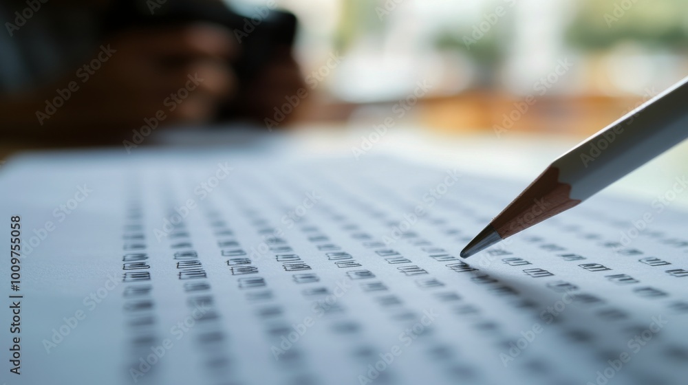 Student using a pencil to fill out a questionnaire at a desk during an afternoon study session Student using a pencil to fill out a questionnaire at a desk during an afternoon study session