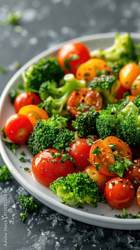 A vibrant plate of fresh tomatoes and broccoli showcasing healthy eating on a sunny afternoon A vibrant plate of fresh tomatoes and broccoli showcasing healthy eating on a sunny afternoon
