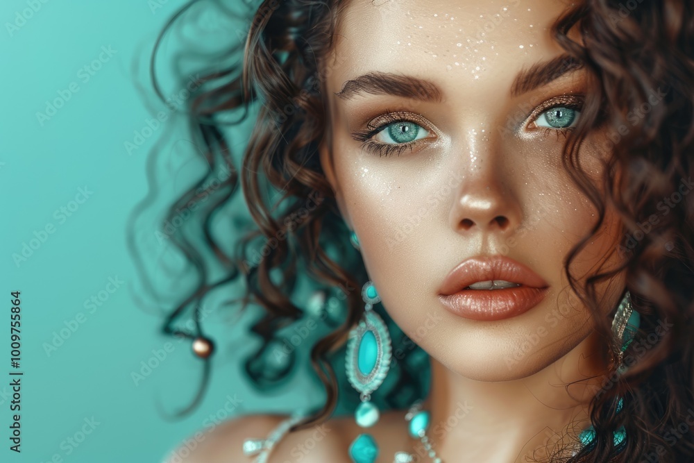 Brunette model with perfect makeup and braided hair on turquoise background. Brunette model with perfect makeup and braided hair on turquoise background.