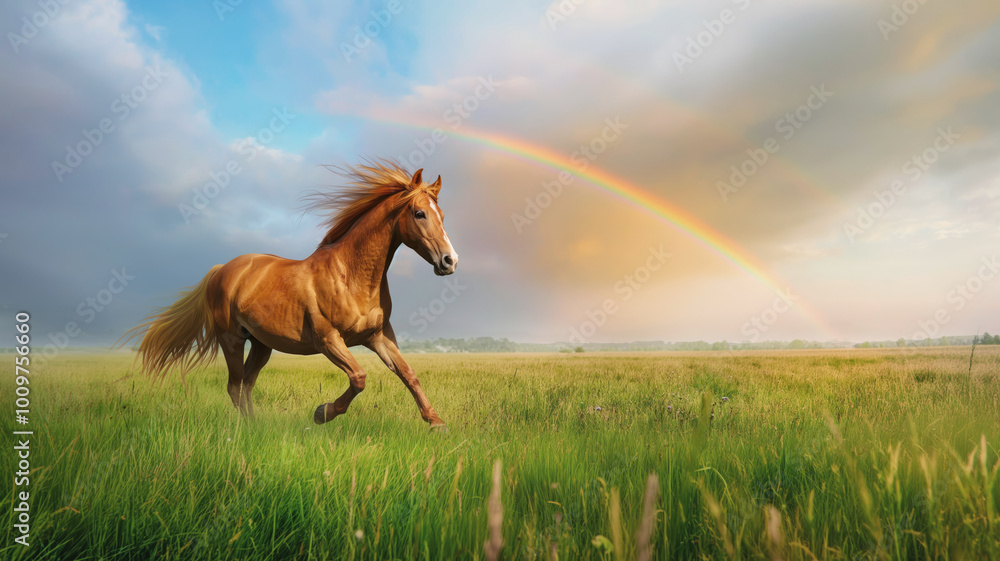 Obraz premium Majestic horse running freely in sunlit field under vibrant rainbow, symbol of freedom and beauty, natural harmony concept