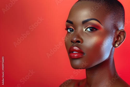 African female model with buzz cut and vibrant makeup.