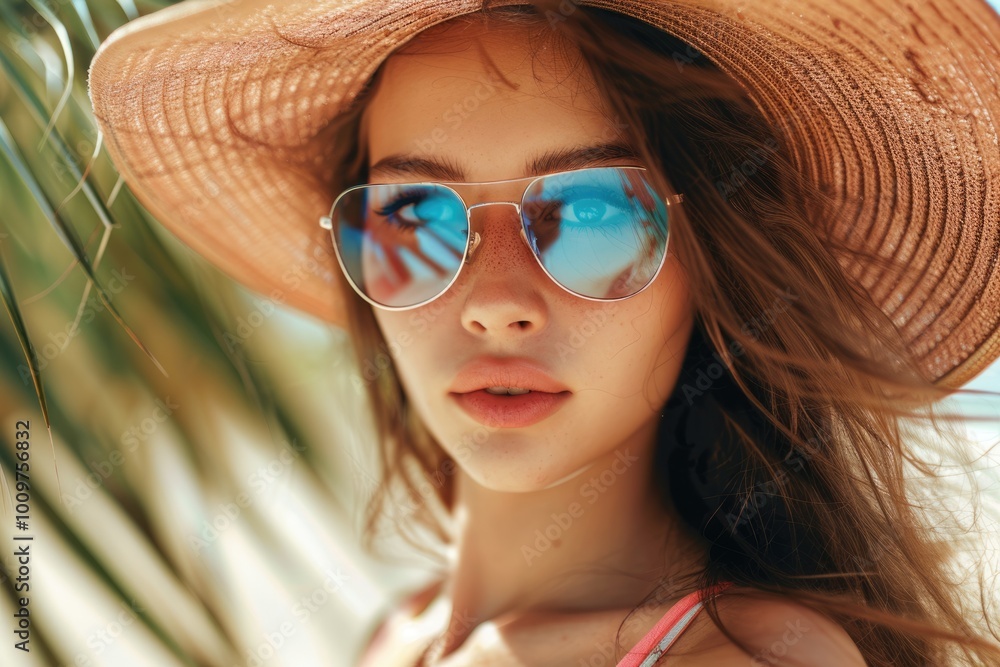 Young lady in hat and sunglasses summer beach fashion. Young lady in hat and sunglasses summer beach fashion.