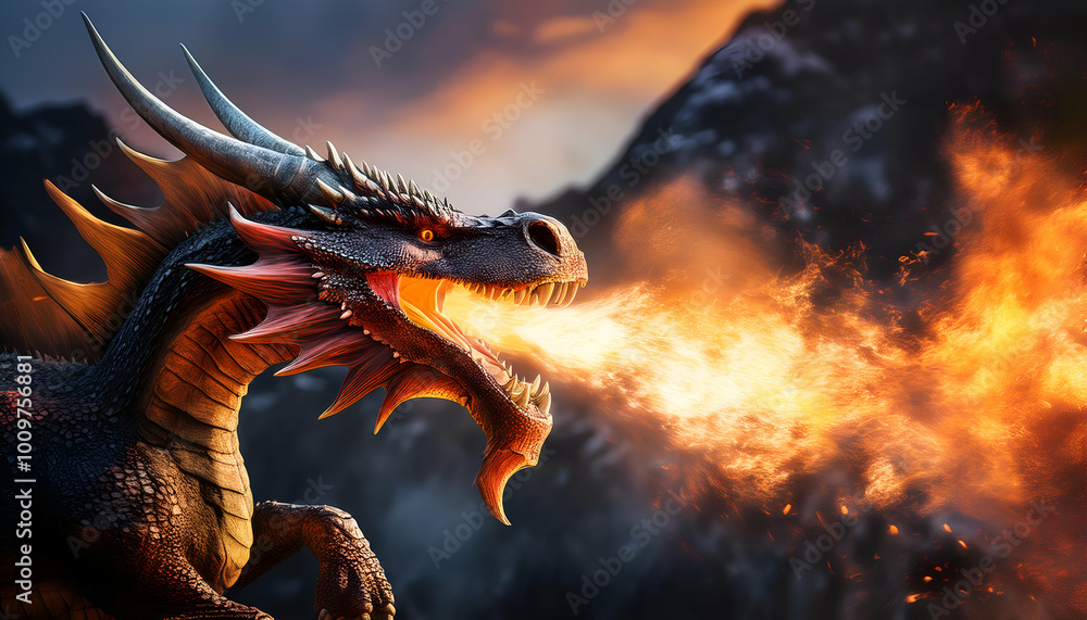 Majestic, fire-breathing dragon with golden scales and horns, set against a dramatic Majestic, fire-breathing dragon with golden scales and horns, set against a dramatic