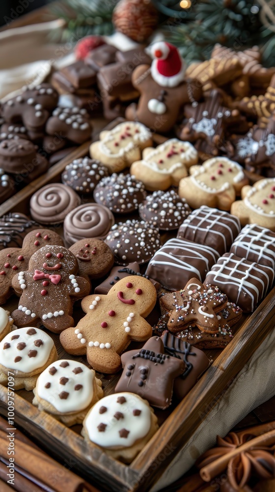 Festive wooden tray filled with decorated gingerbread men and assorted chocolate treats Festive wooden tray filled with decorated gingerbread men and assorted chocolate treats