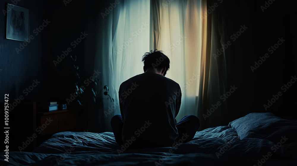 Contemplative man sitting on bed in dark room, illuminated by window, expressing solitude and reflection, mental health concept Contemplative man sitting on bed in dark room, illuminated by window, expressing solitude and reflection, mental health concept