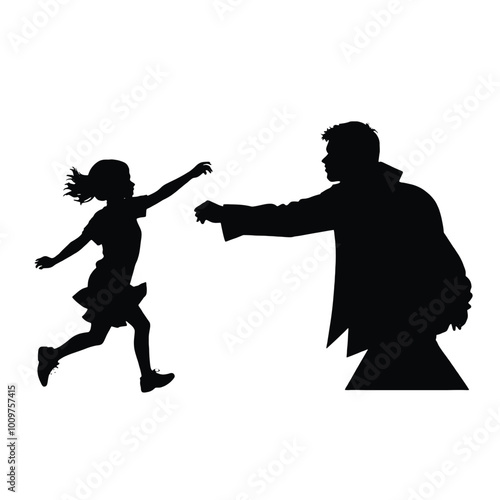 A young girl running away from a larger silhouetted figure, possibly an adult, in a threatening pose, during daylight, with a background of a dark alley