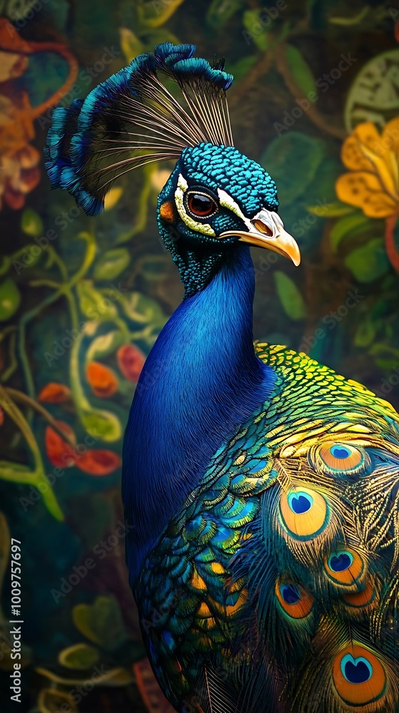Fototapeta premium Colorful Indian peacock birds in natural vibrant surroundings photos