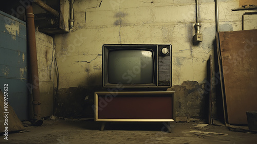 Vintage TV in abandoned room, retro television set with static screen, dilapidated walls and moody lighting, vintage aesthetics concept