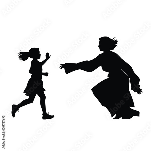 A young girl running away from a larger silhouetted figure, possibly an adult, in a threatening pose, during daylight, with a background of a dark alley