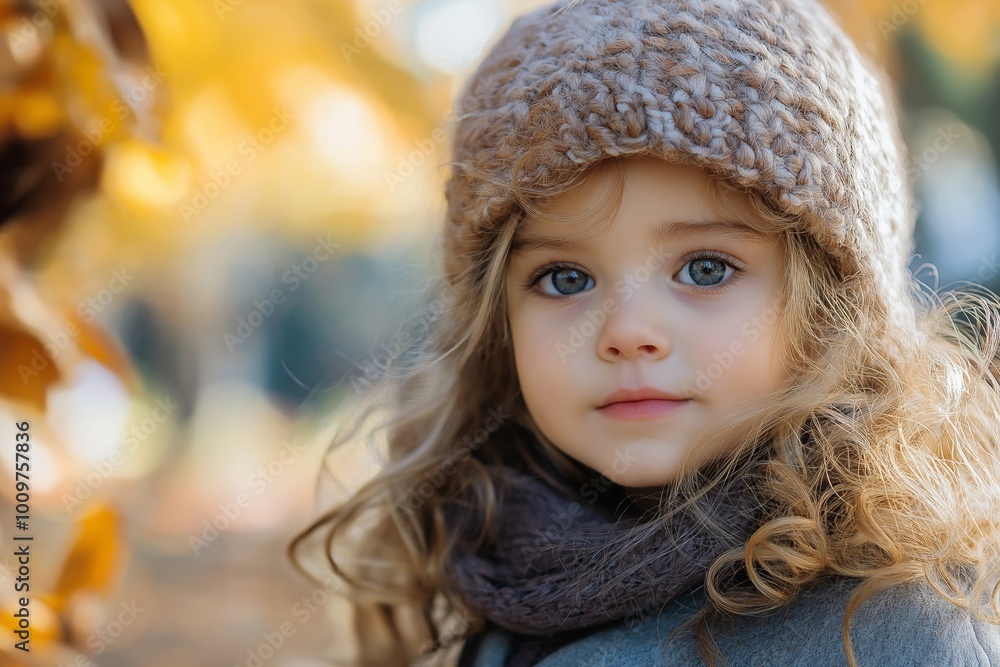 A young child with curly hair and a wool hat in fall foliage. A young child with curly hair and a wool hat in fall foliage.