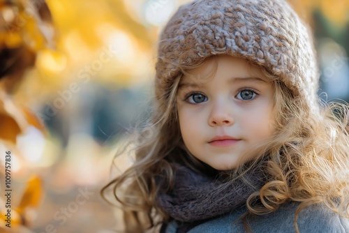 A young child with curly hair and a wool hat in fall foliage.