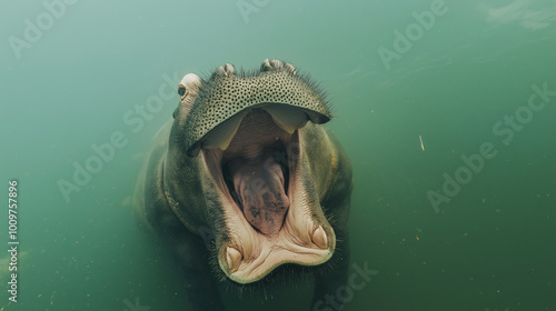 Underwater view of hippo, open mouth, aquatic animal, wildlife photography, African nature, mouth agape, hippo moment, submerged wildlife, wild hippopotamus concept