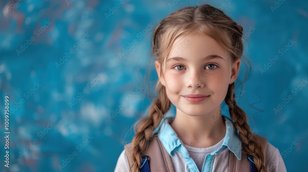 Smiling schoolgirl against a blue backdrop, excited for a joyful new school year Smiling schoolgirl against a blue backdrop, excited for a joyful new school year