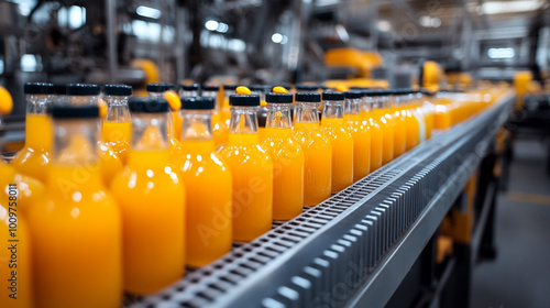 Freshly bottled orange juice on the production line in a modern juice factory