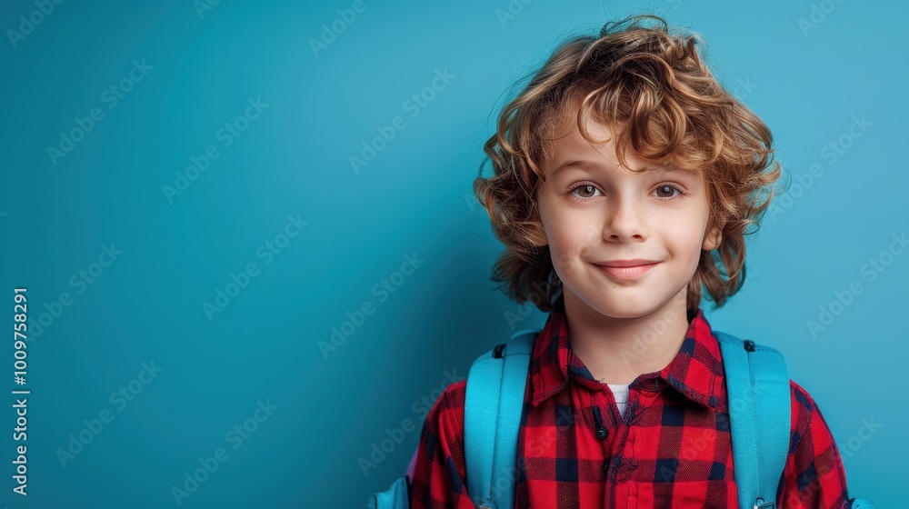Young schoolboy smiles in front of a blue background as he prepares for the new school year Young schoolboy smiles in front of a blue background as he prepares for the new school year