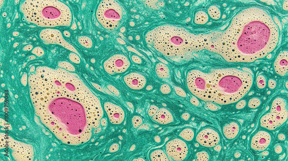 Fototapeta premium Green abstract bubbly texture with pink circular elements. AI-generated.