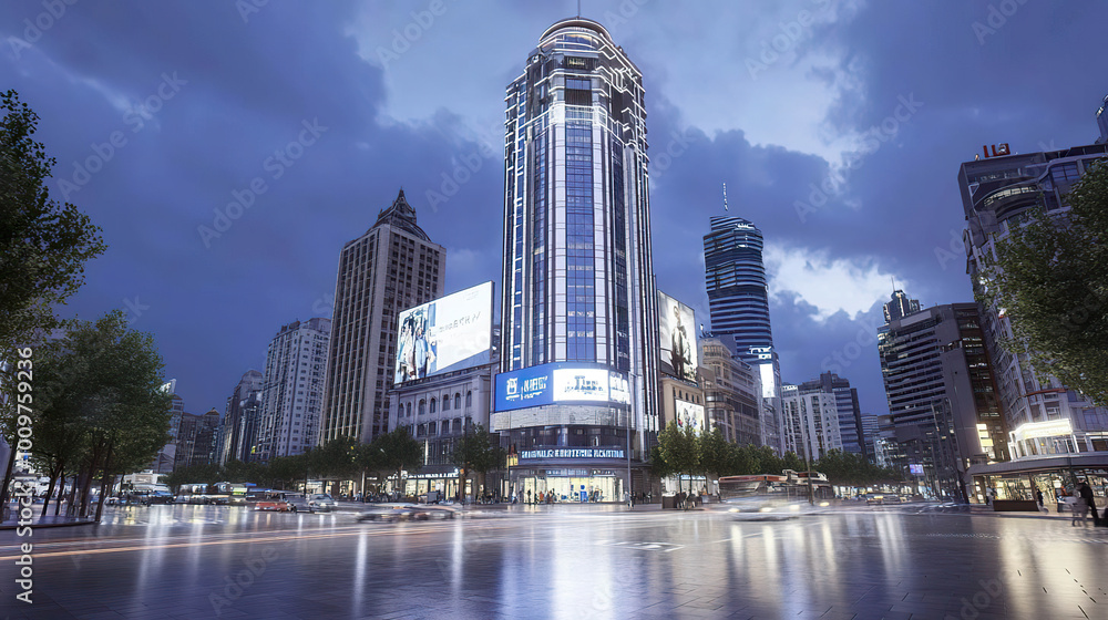 Naklejka premium Modern skyscraper in a bustling urban city at dusk. AI-generated.