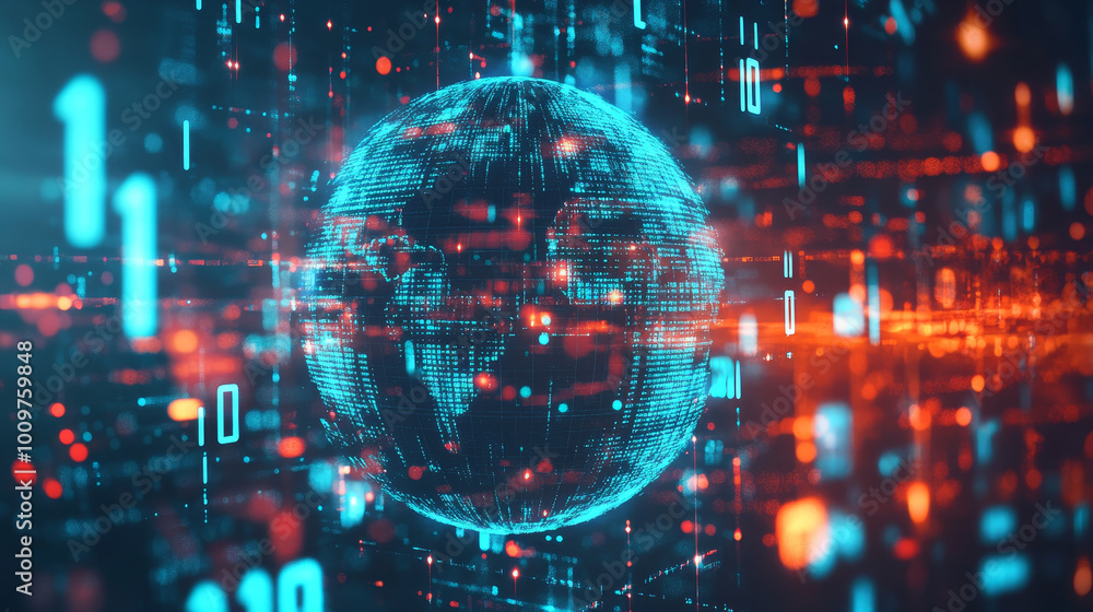 The graphical digital world background with an Earth globe and digital numbers is a representation of the interconnectedness of the global digital landscape The graphical digital world background with an Earth globe and digital numbers is a representation of the interconnectedness of the global digital landscape