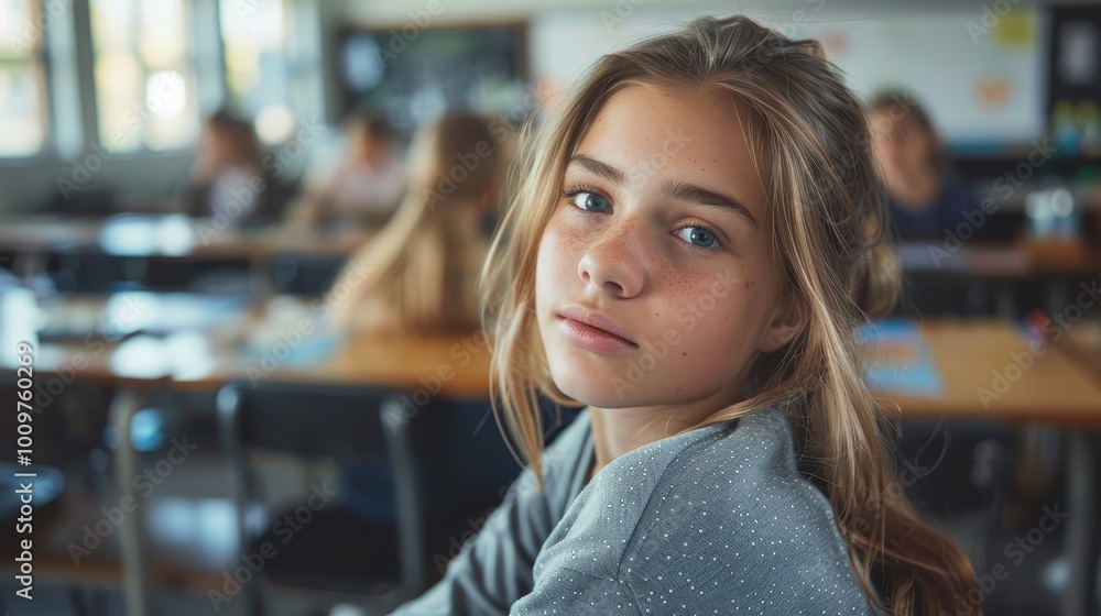 A teenage girl reflects on her first day back to school in a morning classroom setting A teenage girl reflects on her first day back to school in a morning classroom setting