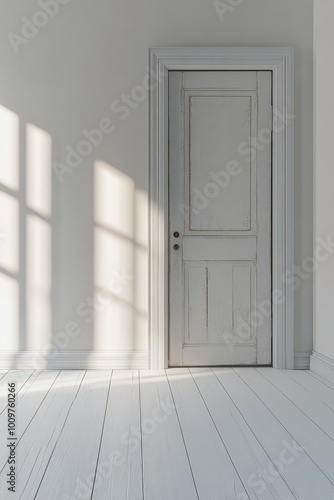 Bright morning light streaming through a white room with a door and wooden floor
