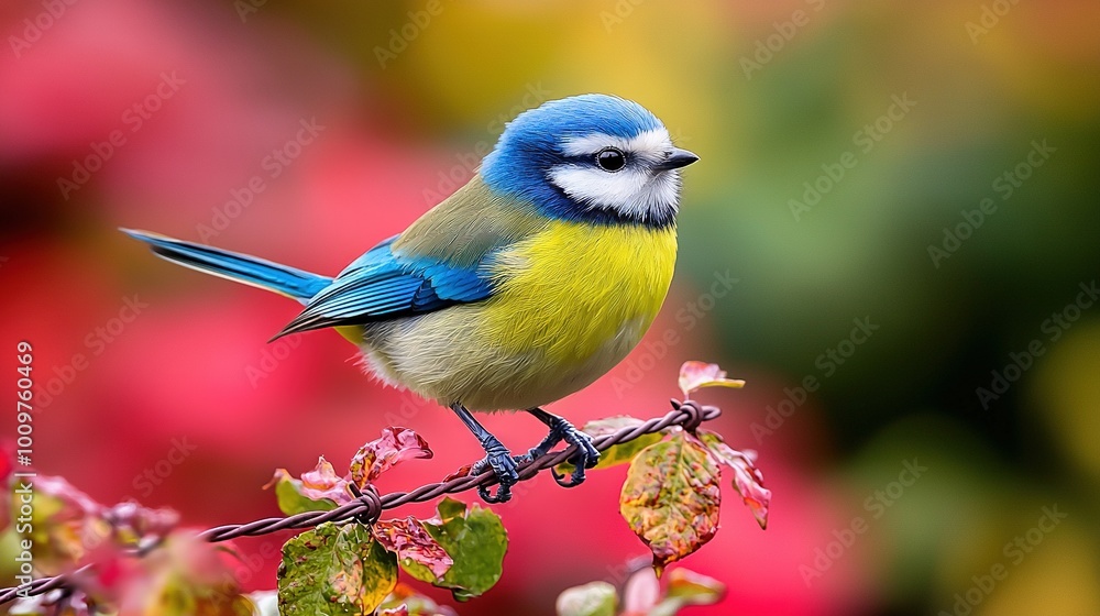A bird perches on a branch with pink and yellow flowers in the background, while a blurred scene unfolds in the distance A bird perches on a branch with pink and yellow flowers in the background, while a blurred scene unfolds in the distance
