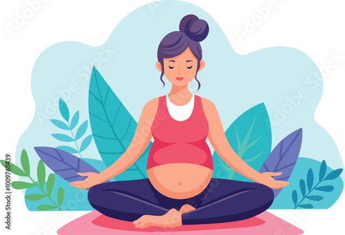 Young pregnant woman meditating sitting in lotus pose. Vector flat illustration