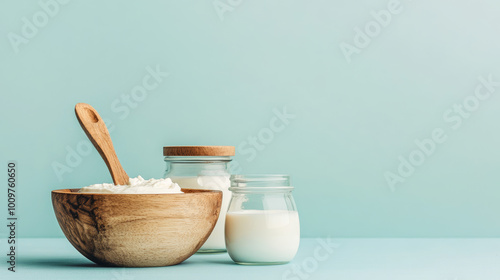 "A side view of a wooden bowl alongside glass jars of yogurt set against a blue background, showcasing a healthy breakfast made from milk and its alternatives."