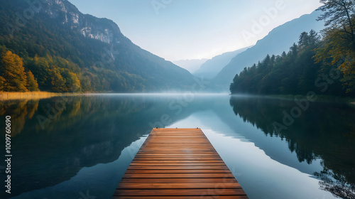 Serene Mountain Lake Reflection Wooden Dock Peaceful Nature Autumn View