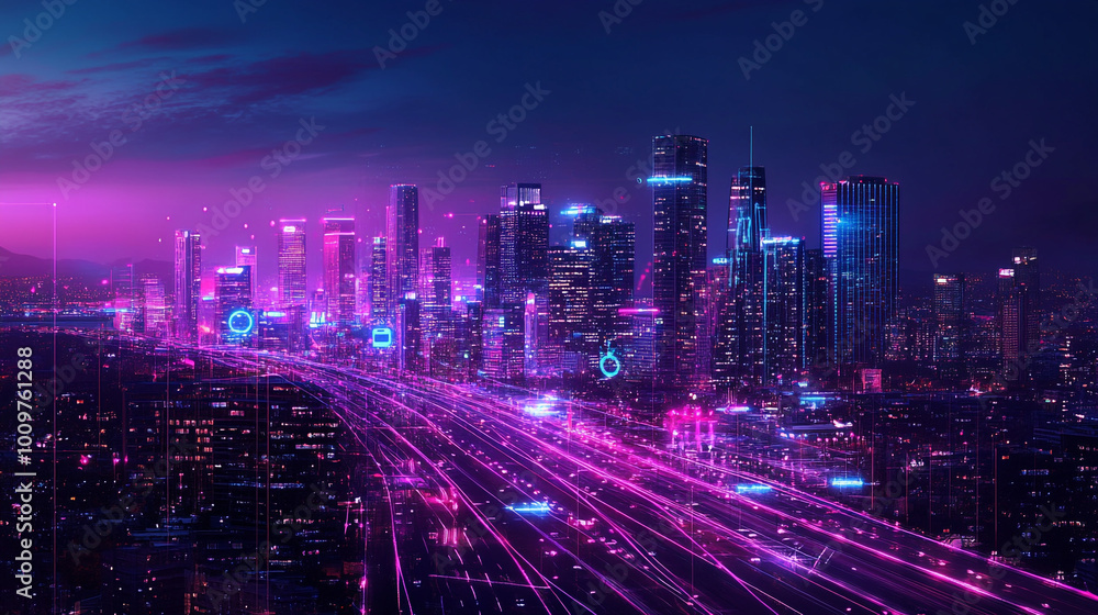 Fototapeta premium A vibrant neon cityscape at dusk with illuminated skyscrapers and bustling highways