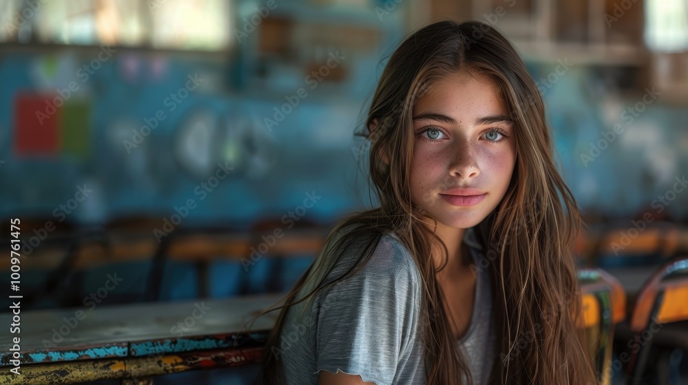 A teenage girl reflects on back to school day while seated in a classroom on a bright morning A teenage girl reflects on back to school day while seated in a classroom on a bright morning