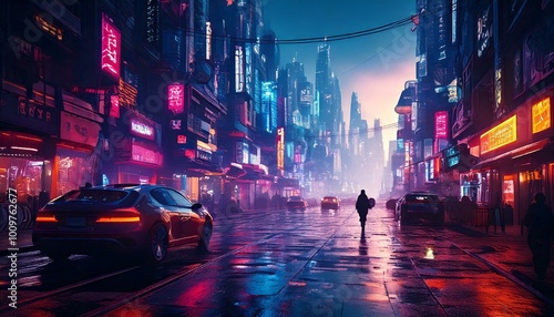 Cyberpunk city at dusk, neon lights reflecting off wet streets, futuristic vehicles and characters walking through the scene