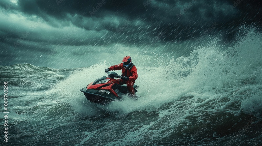 A Jet Ski Rider Navigates Choppy Waves Under a Stormy Sky A Jet Ski Rider Navigates Choppy Waves Under a Stormy Sky