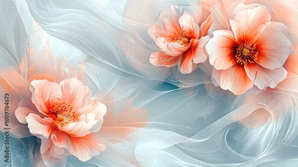 Elegant Peach Blossoms on Ethereal Abstract Flowing Fabric Background