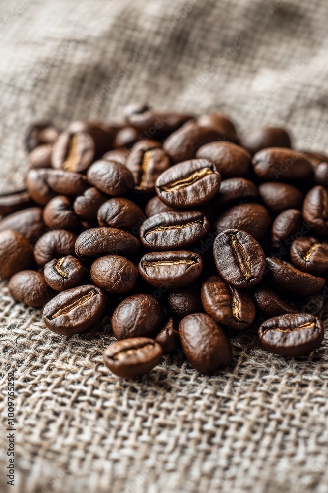 Freshly roasted coffee beans spread on burlap fabric in natural light just after brewing Freshly roasted coffee beans spread on burlap fabric in natural light just after brewing