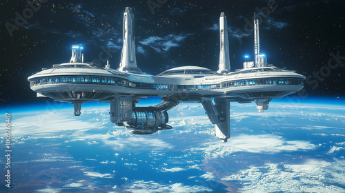 Fototapeta Naklejka Na Ścianę i Meble -  Futuristic space station orbiting Earth with advanced technologies and vibrant atmosphere