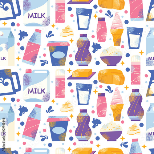 Dairy products seamless pattern. Milk, kefir and yogurt, cardboard packaging containers bottle. Different cheese, butter and cream. Organic farm healthy food vector illustration isolated on background