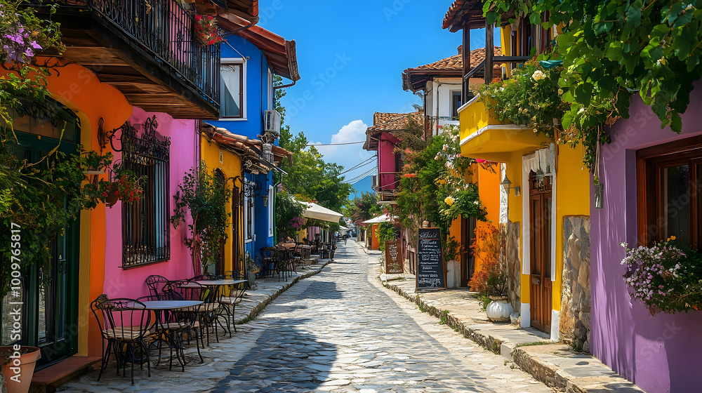 Fototapeta premium Colorful Historic Streetscape Charming Architecture Cobblestone Pathways Vibrant Flowers Cozy Cafes Sunny Day